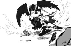  1boy angel angel_wings bike_shorts clenched_teeth commentary_request dark_pit dual_wielding full_body greyscale holding kid_icarus kid_icarus_uprising laurel_crown male_focus monochrome shougin signature silver_bow_(kid_icarus) solo teeth wings 
