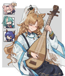  4girls animal_ears arknights bead_bracelet bead_necklace beads black_skirt blonde_hair blue_hair blue_nails blush bracelet ch'en_(arknights) ch'en_the_dawnstreak_(arknights) chibi chinese_clothes closed_eyes closed_mouth commentary_request cowboy_shot dragon_horns drill_hair embarrassed fang fang_out green_hair grey_background hair_ornament highres holding holding_instrument holding_lute horns hoshiguma_(arknights) hoshiguma_the_breacher_(arknights) instrument jewelry lin_(arknights) long_hair long_sleeves mabing mouse_ears multiple_girls nail_polish necklace official_alternate_costume parted_lips pink_hair playing_instrument red_eyes shirt single_horn sitting skin-covered_horns skirt smile solo_focus swire_(arknights) swire_the_elegant_wit_(a_prosperous_visage)_(arknights) swire_the_elegant_wit_(arknights) tiger_ears tiger_girl trembling veil white_shirt white_veil wide_sleeves 