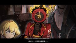  1boy 1girl 1other :3 bilingual_text brown_hair chinese_text clock commentary dante_(limbus_company) english_text fire highres letterboxed limbus_company long_hair mixed-language_text momoatls object_head project_moon rodion_(project_moon) sinclair_(project_moon) sweat thinking 
