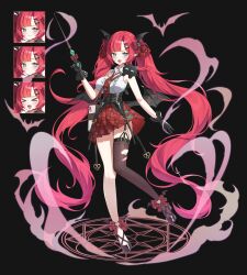  >_< 1girl absurdres aqua_eyes bandaid bandaid_on_leg bat_(animal) bat_wings black_gloves blunt_bangs blush bow cat collared_shirt curtained_hair dang_geun23283 earrings full_body garter_straps gloves hair_bow hair_ornament hairclip hand_up heart heart_hair_ornament highres holding holding_wand jewelry long_hair looking_at_viewer magic_circle mole mole_under_eye multiple_expressions necktie on_magic_circle open_mouth original pale_skin pantyhose pink_bow pleated_skirt pointy_ears red_hair red_necktie shirt skirt standing standing_on_magic_circle torn_clothes torn_pantyhose twintails very_long_hair wand white_shirt wings 