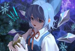  ! !! 1girl arong blue_bow blue_dress blue_eyes blue_hair bow cirno commentary_request detached_wings dress fairy frozen hair_between_eyes hair_bow ice ice_cube ice_wings looking_down open_mouth puffy_short_sleeves puffy_sleeves shirt short_hair short_sleeves snowflakes solo touhou touhou_lost_branch_of_legend white_shirt wings 