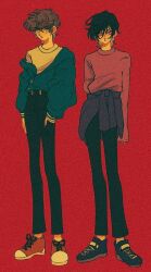  1980s_(style) 2boys belt black_hair black_pants black_shoes blue_jacket brown_hair clothes_around_waist code_geass crew_neck faux_retro_artstyle film_grain full_body hands_in_pockets heavy_film_grain high-waist_pants jacket jacket_around_waist jacket_partially_removed kururugi_suzaku lelouch_vi_britannia long_sleeves male_focus multiple_boys open_mouth pants parted_bangs pikurusu pink_eyes pink_shirt red_shoes retro_artstyle shirt shoelaces shoes short_hair short_sleeves sleeves_past_wrists sneakers standing very_short_hair wavy_hair white_shirt 