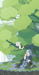  2boys animal_ears architecture barefoot blue_eyes blue_hair cat_boy cat_ears chinese_clothes closed_eyes commentary_request east_asian_architecture eating highres looking_at_another luo_xiaohei luo_xiaohei_(human) male_focus moss multiple_boys no_lineart official_art on_branch on_roof outdoors sleeping solar_term the_legend_of_luo_xiaohei tile_roof tree white_hair wuxian_(the_legend_of_luo_xiaohei) xrriver 