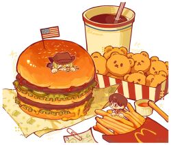  2girls american_flag black_hair blonde_hair boots box burger burger_print cheese chibi chicken_nuggets closed_eyes closed_mouth cowboy_boots cowboy_hat cowboy_shot cup drinking_straw english_commentary food food_focus food_wrapper french_fries glasses grey_jacket hat highres iin_chiyo jacket kimi_no_koto_ga_dai_dai_dai_dai_daisuki_na_100-nin_no_kanojo lettuce looking_at_another low_twintails lraiimmue lying mcdonald's multiple_girls necktie note ohananomitsu_middle_school_uniform on_stomach paperclip pickle red_necktie sauce school_uniform soda sparkle twintails twitter_username yamato_nadeshiko_(hyakkano) 