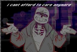 1boy english_text head_tilt limited_palette looking_at_viewer outstretched_arms sans_(undertale) shrugging skeleton skullmercy solo sweating text undertale utdr_(toby_fox)