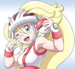  1girl :d ;d blonde_hair blue_eyes commentary_request fingerless_gloves gloves grey_background hair_between_eyes happy helmet highres korrina_(pokemon) long_hair one_eye_closed open_mouth pokemon pokemon_x_and_y ponytail sleeveless smile solo teeth two_side_up upper_body upper_teeth_only w wafers_(jwmd7557) white_gloves white_helmet 