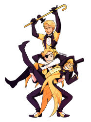  3boys bill_cipher blonde_hair borrowed_design cane carrying carrying_person coat coattails commentary damaredraws dual_persona english_commentary eyelashes eyepatch formal_clothes full_body gravity_falls grin hat highres holding holding_cane jitome male_focus mini_hat mini_top_hat multiple_boys personification princess_carry shirt shoulder_carry smile spats_(footwear) squatting standing suit sweat tailcoat top_hat white_background 