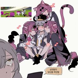  5girls :< animal_ear_fluff animal_ears black_boots black_hat black_jacket black_shorts black_skirt blush boots cat_ears cat_girl cat_tail cellphone closed_eyes closed_mouth collared_shirt commentary_request crying crying_with_eyes_open d0600059994959 dual_persona earrings eyewear_on_head full_body grey_hair hair_between_eyes half-closed_eyes hat high_heel_boots high_heels high_ponytail highres holding holding_phone honkai:_star_rail honkai_(series) hug hug_from_behind jacket jewelry kafka_(honkai:_star_rail) kemonomimi_mode korean_commentary korean_text long_hair long_sleeves looking_afar looking_up miniskirt mouth_out_of_frame multiple_girls multiple_persona open_clothes open_jacket open_mouth peaked_cap pearl_earrings phone pink_eyes ponytail puffy_long_sleeves puffy_sleeves purple_hair purple_thighhighs raccoon_ears raccoon_girl round_eyewear shirt shorts sidelocks simple_background single_earring sitting skirt smartphone smile speech_bubble spider_web_print stelle_(honkai:_star_rail) sunglasses sweat tail tears thigh-highs trailblazer_(honkai:_star_rail) violet_eyes wariza white_background white_shirt yellow_eyes yuri zettai_ryouiki 