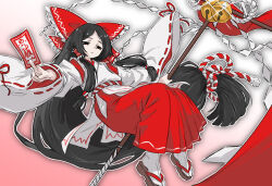  1girl banner bell between_fingers black_hair bow brown_sandals chihaya_(clothing) closed_mouth clothing_cutout commentary_request expressionless frilled_bow frilled_hair_tubes frills gensokyo's_first_hakurei_miko hair_bow hair_tubes highres hip_vent holding holding_banner holding_ofuda japanese_clothes jingle_bell kouhaku_nawa kyyubea large_bow long_hair long_sleeves looking_at_viewer miko ofuda ofuda_between_fingers red_bow red_skirt ribbon-trimmed_sleeves ribbon_trim rope sandals shimenawa skirt socks solo tabi touhou very_long_hair white_socks wide_sleeves 