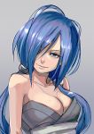  bad_id bare_shoulders blue_hair breasts cleavage face grey_eyes hair_over_one_eye long_hair original solo twintails 