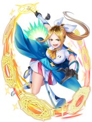  1girl artist_request blonde_hair breasts broom broom_riding feet_out_of_frame gloves highres holding holding_wand kabushikigaisha_magi-lumiere koshigaya_hitomi large_breasts long_hair looking_at_viewer magical_girl neckerchief official_art open_mouth solo wand white_background white_gloves yellow_eyes yellow_neckerchief 