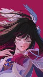  1girl artist_name black_hair bow closed_eyes columbina_(genshin_impact) commentary dress eye_mask floating_hair genshin_impact gradient_hair hair_ribbon head_wings highres long_hair mask multicolored_hair open_mouth purple_hair ribbon runedaru simple_background solo upper_body white_bow white_dress white_ribbon white_wings wings 