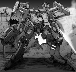  absurdres arm_mounted_weapon armored_core armored_core:_last_raven debris dust energy_blade fascinator_(armored_core) full_body greyscale gun highres holding holding_gun holding_weapon machine_gun mecha mecha_focus missile_pod monochrome mymyc no_humans one-eyed_mecha robot ruins science_fiction shoulder_cannon solo standing weapon zinaida 