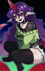  1girl absurdres belt belt_collar black_thighhighs collar collarbone commentary crossed_legs denim denim_shorts double-parted_bangs earrings english_commentary green_shirt green_shorts highres horns jewelry lizard_tail multiple_earrings pointy_ears purple_horns purple_tail rinnytanart shirt shorts single_horn solo studded_belt studs tail tenkajin_chiyari thigh-highs torn_clothes torn_shorts touhou very_long_tail 