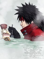  1boy 5tatsu birthday birthday_cake black_gloves cake cloak closed_mouth commentary_request earrings final_fantasy final_fantasy_vii final_fantasy_vii_remake final_fantasy_vii_revelation food fork from_side gloves happy_birthday headband highres holding holding_fork jewelry male_focus onsen partially_submerged profile red_cloak red_eyes red_headband signature solo spiky_hair steam upper_body vincent_valentine water watermark 