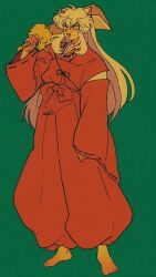  1980s_(style) 1boy animal_ears arm_up barefoot dog_ears fang faux_retro_artstyle film_grain fur_trim green_eyes heavy_film_grain holding holding_sword holding_weapon inuyasha inuyasha_(character) japanese_clothes jewelry kariginu long_hair long_sleeves male_focus necklace open_mouth pants pikurusu red_pants red_shirt retro_artstyle shirt smile solo standing sword triangle_mouth weapon white_hair wide_sleeves 