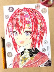  1girl :d absurdres analog_clock ange_katrina ange_katrina_(1st_costume) art_tools_in_frame blush clock commentary_request crossed_bangs hair_between_eyes hair_intakes hair_ornament hairclip hatanaka_issei highres masking_tape_(medium) medium_hair nijisanji open_mouth pentagram portrait red_hair red_shirt shirt smile solo unconventional_media violet_eyes virtual_youtuber watermark white_background 