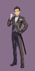  1boy ace_attorney black_pants black_suit brown_eyes brown_hair formal_clothes fuse_takuro gloves highres katana male_focus nuri_kazuya official_art pants ryunosuke_naruhodo second-party_source short_hair suit sword the_great_ace_attorney weapon white_gloves 
