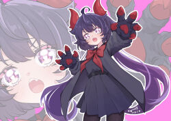  1girl :o absurdres ahoge akaishi_kuroe arm_up artist_name black_jacket black_pantyhose black_sailor_collar black_serafuku black_shirt black_skirt bow bowtie chestnut_mouth chinese_commentary claws commentary cowboy_shot dated double-parted_bangs fang hair_between_eyes hand_up heart heart_in_eye highres horns jacket long_hair long_sleeves looking_at_viewer miniskirt monster_girl monster_hands open_clothes open_jacket open_mouth otome_kaijuu_carameliser outline outstretched_arm pantyhose pink_background purple_hair red_bow red_bowtie red_horns sailor_collar sailor_shirt school_uniform serafuku shirt skirt solo spiked_tail spikes symbol_in_eye tail twintails very_long_hair violet_eyes white_outline zhi_no_tiankong zoom_layer 