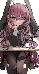  1girl :q absurdres black_dress black_veil blue_eyes cable chair charging_device commentary_request dress elbows_on_table feet_out_of_frame highres hore_(user_frns7872) long_hair looking_at_viewer mechanical_arms nun nun_headdress original pantyhose prosthesis prosthetic_arm purple_hair simple_background single_leg_pantyhose single_mechanical_arm solo tongue tongue_out torn_clothes torn_pantyhose veil very_long_hair white_background 