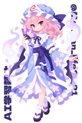  1girl black_sandals blue_hat blue_kimono closed_mouth commentary_request folding_fan frilled_kimono frills full_body hand_fan hat highres hitodama holding holding_fan japanese_clothes kimono long_sleeves looking_at_viewer mangan_life2021 mob_cap pink_eyes pink_hair saigyouji_yuyuko sandals simple_background sleeve_garter smile socks solo touhou triangular_headpiece twitter_username watermark white_background white_socks wide_sleeves 