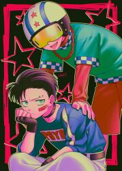  2boys annoyed bandaid bandaid_on_face belt black_gloves black_hair blue_eyes blue_shirt blush checkered_clothes choker colorful_psychic commentary_request eyebrow_piercing face_piercing fingerless_gloves gloves goggles green_shirt hands_on_another's_shoulders helmet highres indian_style jitome layered_sleeves long_sleeves menma_(enaic31) motorcycle_helmet multiple_boys original pants piercing red_shorts ryosuke_(enaic31) shirt short_hair short_over_long_sleeves short_sleeves shorts sitting star_(symbol) studded_choker studs suguru_(enaic31) teeth tongue tongue_out upper_teeth_only white_pants 