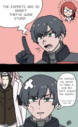  1boy 2girls bandaid commander_(girls'_frontline) commentary facial_hair girls'_frontline_2:_exilium girls_frontline glasses green_eyes head_out_of_frame kejo_kamari lab_coat multiple_girls persica_(girls'_frontline) pink_hair red_hair scarlett_caldwell stubble untranslatable_commentary 