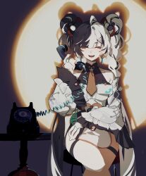  1girl absurdres bare_shoulders black_hair braid braided_twintails chinese_clothes closed_eyes collarbone commentary corded_phone daily_roxyzzz detached_sleeves dialyn_(zenless_zone_zero) dress earrings hand_up highres holding holding_phone jewelry long_hair multicolored_hair necktie open_mouth phone qipao sitting solo split-color_hair thigh-highs untranslatable_commentary white_dress white_hair white_thighhighs yellow_necktie zenless_zone_zero 