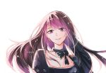  1girl artist_name black_neckwear highres long_hair looking_at_viewer medea_solon purple_hair smile solo upper_body violet_eyes xionsca your_throne 