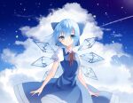  1girl bangs blue_bow blue_dress blue_eyes blue_hair blue_sky blush bow cirno closed_mouth clouds cloudy_sky collar dress eyebrows_visible_through_hair eyes_visible_through_hair hair_between_eyes ice ice_wings looking_at_viewer puffy_short_sleeves puffy_sleeves red_bow red_neckwear short_hair short_sleeves sky solo standing suikario touhou white_collar white_sleeves wings 