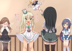  5girls arashio_(kancolle) arm_warmers asashio_(kancolle) black_hair black_legwear blonde_hair blue_neckwear blue_sailor_collar blue_skirt blush bow brown_hair clothes_lift comiching commentary_request curtsey dress frilled_dress frills gloves gradient_hair grecale_(kancolle) green_eyes green_skirt hair_bow hat jervis_(kancolle) kantai_collection lifted_by_self long_hair long_sleeves low-cut_armhole matsuwa_(kancolle) miniskirt multicolored_hair multiple_girls neckerchief nose_blush pantyhose pinafore_dress pink_bow pink_hair purple_hair remodel_(kantai_collection) sailor_collar sailor_dress sailor_hat school_uniform serafuku shirt short_sleeves side-tie_dress skirt skirt_hold skirt_lift sleeveless sleeveless_dress striped striped_neckwear suspender_skirt suspenders thigh-highs translation_request wavy_hair white_dress white_gloves white_headwear white_sailor_collar white_shirt 