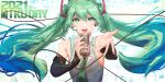  1girl 39 b.c.n.y. bangs bare_shoulders beckoning detached_sleeves fingernails graviton_beam_emitter green_eyes green_hair green_nails green_neckwear hatsune_miku highres holding holding_microphone long_fingernails looking_at_viewer microphone music necktie open_mouth reaching_out shirt simple_background singing sleeveless sleeveless_shirt solo twintails upper_body upper_teeth vocaloid 