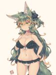  1girl animal_ears beige_background bikini black_bikini breasts collarbone commentary_request eyebrows_visible_through_hair frilled_bikini frills green_eyes green_hair hair_between_eyes hand_on_hip highres kuromiya kuromiya_raika large_breasts long_hair multicolored_hair orange_hair original simple_background solo swimsuit tail two-tone_hair 