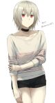  1girl @_@ black_shorts character_name choker collarbone cowboy_shot hair_between_eyes medium_hair original platinum_blonde_hair red_eyes shirt short_shorts shorts solo somechime_(sometime1209) striped striped_shirt twitter_username 