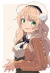  1girl ahoge bangs beret black_neckwear blonde_hair blush border cardigan center_frills commentary eyebrows_visible_through_hair fingers_together frilled_shirt frills green_eyes hat indie_virtual_youtuber long_hair looking_at_viewer looking_back necktie open_cardigan open_clothes open_mouth orange_cardigan shigure_ui_(vtuber) shirt sidelocks simple_background smile solo taker_(flamestorm) virtual_youtuber white_headwear white_shirt yellow_background 