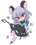  1girl animal_ears bangs basket black_footwear blue_bow blue_capelet bow capelet chibi dowsing_rod dress grey_dress grey_hair grey_skirt grey_vest highres jewelry layered_clothing long_sleeves mouse mouse_ears mouse_girl mouse_tail nazrin op_na_yarou pendant red_eyes shirt shoes short_hair skirt skirt_set smile socks tail touhou vest white_legwear white_shirt yellow_bow 