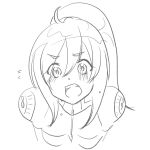 1girl android bangs blush breasts greyscale highres iris_(mega_man) long_hair mega_man_(series) mega_man_x_(series) monochrome open_mouth ponytail robot rockman_x_dive simple_background sketch solo upper_body upper_teeth white_background 