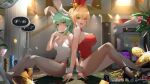  2girls absurdres ahoge alternate_costume animal_ears black_footwear blonde_hair breasts detached_collar dragon_girl dragon_horns fake_animal_ears fate/grand_order fate_(series) fishnet_legwear fishnets green_eyes green_hair hair_bun hair_intakes high_heels highres horns kiyohime_(fate) large_breasts leotard long_hair medium_breasts multiple_girls multiple_horns nero_claudius_(fate) nero_claudius_(fate)_(all) pantyhose playboy_bunny rabbit_ears red_leotard side-tie_leotard sitting strapless strapless_leotard vegetablenabe white_footwear white_leotard wrist_cuffs yellow_eyes 