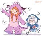  &gt;_&lt; +++ 2girls animal_costume animal_hood blue_hoodie closed_eyes dragon_horns fangs fish_tail gawr_gura hair_ornament hololive hololive_english hood hoodie horns kiryu_coco kukie-nyan long_hair long_sleeves medium_hair multicolored_hair multiple_girls onesie open_mouth orange_hair shark_costume shark_girl shark_hair_ornament shark_hood sharp_teeth shoes skin_fangs sleeves_past_wrists smile sneakers streaked_hair tail teeth virtual_youtuber wide_sleeves 