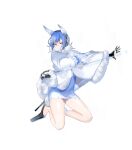  1girl bangs black_gloves blue_eyes blue_hair breasts cape capelet closed_mouth dress fire_emblem fire_emblem_heroes full_body fur_trim gloves gradient gradient_hair hair_ornament high_heels highres ice kneeling looking_away multicolored_hair nilf_(fire_emblem_heroes) official_art pale_skin shiny shiny_hair shiny_skin short_dress short_hair solo sparkle transparent_background white_cape white_hair yasuda_suzuhito 