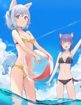  2girls ^_^ ^o^ absurdres animal_ears ball beachball bikini black_bikini blue_hair blue_sky breasts cat_ears cat_girl cat_tail closed_eyes clouds cloudy_sky commentary dutch_angle fang hand_up highres holding holding_ball holding_beachball looking_at_viewer midriff multiple_girls navel original paw_print purple_hair ryou_(ponpgo) short_hair skin_fang sky small_breasts swimsuit tail wading water waving wet wolf_ears wolf_girl wolf_tail wristband yellow_bikini 