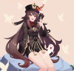  1girl absurdres between_legs between_thighs brown_hair card closed_eyes flower genshin_impact ghost hat highres hu_tao_(genshin_impact) long_hair long_sleeves open_mouth plum_blossoms qkrwldn0402 red_eyes short_shorts shorts sitting smile solo twintails wavy_mouth 