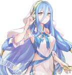  1girl alternate_costume azura_(fire_emblem) bangs bare_shoulders blue_dress blue_hair blue_ribbon blush breasts casual closed_mouth commentary contemporary detached_collar detached_sleeves digital_media_player dress english_commentary eyebrows_visible_through_hair fire_emblem fire_emblem_fates fire_emblem_heroes hair_between_eyes hair_ornament hair_tubes headphones highres jackii long_hair medium_breasts multicolored multicolored_clothes musical_note neck_ribbon ribbon simple_background sleeveless sleeveless_dress solo veil white_background white_dress white_headwear white_sleeves white_veil yellow_eyes 