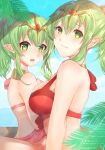  2girls age_difference alternate_costume bikini blue_sky breasts child cute dragon_girl dual_persona edamameoka fire_emblem fire_emblem:_mystery_of_the_emblem fire_emblem_awakening fire_emblem_heroes fire_emblem_warriors green_eyes green_hair highres intelligent_systems jewelry large_breasts looking_at_viewer manakete multiple_girls necklace nintendo ocean open_mouth pink_swimsuit pointy_ears ponytail red_bikini sky smile swimsuit tiara tiki_(fire_emblem) time_paradox young_adult 