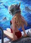 1girl armor ass blonde_hair breasts commentary_request competition_swimsuit fate/apocrypha fate_(series) female_only from_behind helmet highres legs legs_together long_hair looking_at_viewer looking_back mordred_(fate) mordred_(fate)_(all) no_panties one-piece_swimsuit pool poolside red_swimsuit revision sitting small_breasts solo swimsuit thighs tonee water