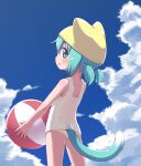  1girl absurdres animal_ears ass ball beachball cat_ears cat_girl cat_tail child clouds from_behind green_eyes green_hair highres looking_back one-piece_swimsuit original outdoors school_swimsuit short_hair short_twintails sky solo swim_cap swimsuit tail thighs twintails ueno_musashi yellow_headwear 
