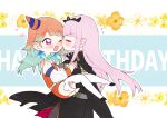  2girls birthday blush bow_choker carrying closed_eyes couple earrings eyebrows_visible_through_hair feather_earrings feathers gradient_hair hat highres hololive hololive_english jewelry long_hair mori_calliope multicolored_hair multiple_girls neru_(flareuptf1) orange_hair party_hat pink_hair princess_carry shoulder_spikes spikes takanashi_kiara tiara veil violet_eyes virtual_youtuber wife_and_wife yuri 
