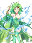  1girl :p breasts detached_sleeves earrings final_fantasy final_fantasy_iv green_eyes green_hair hair_ornament highres jewelry long_hair looking_at_viewer older rydia sa_kichi smile solo thigh-highs tongue tongue_out weapon white_background 