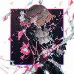  1boy black_gloves brown_hair closed_mouth gloves gradient gradient_border gradient_eyes highres holding holding_weapon lio_fotia male_focus multicolored multicolored_eyes pink_eyes promare shaded_face sky solo star_(sky) starry_sky studded tkm_(1322323425) violet_eyes weapon 