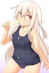  1girl black_swimsuit commentary_request cowboy_shot food highres kantai_collection kikuzuki_(kancolle) looking_at_viewer orange_eyes popsicle school_swimsuit simple_background solo swimsuit tongue tongue_out ver_norma2 white_background white_hair 